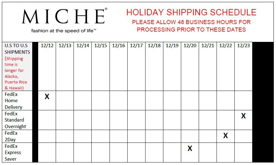 HOLIDAY SHIPPING SCHEDULE